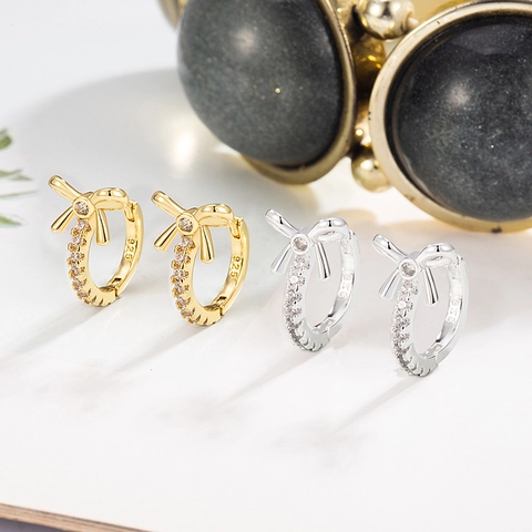 Elegant Copper Bowknot Hoop Earrings With 925 Sterling Silver Post Rhinestone Bow Earrings For Women Minimalist Fashion Jewelry