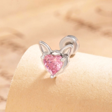 Pink Heart Zirconia Cat Ear Cartilage Stud Earrings Titanium Steel Screw Back Piercing Jewelry For Women Cute Niche