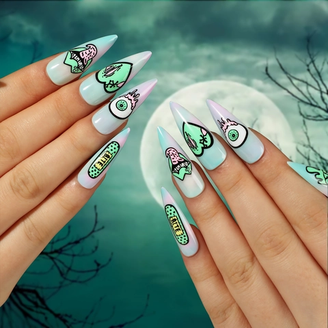 Halloween Kunstnagels Lange Stiletto Blauw Horror Oogbol Hart Cartoon Valse Nagels Voor Vrouwen