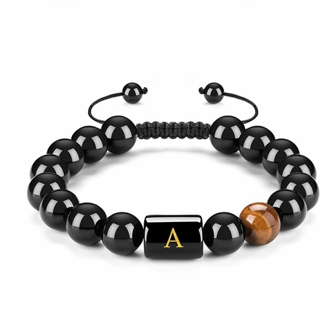 Bracelet En Agate Noire Naturelle Avec Perle Lettre Initiale Alliage Oeil De Tigre Corde Tressée Ajustable Bijoux