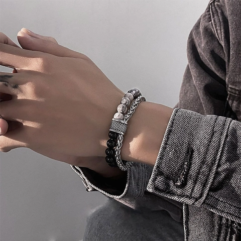 Natural Stone Bead Double Layer Bracelet Stainless Steel Chain Tiger Eye Black Onyx T-Bar Clasp Bohemian Jewelry For Men Women