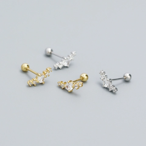 925 Sterling Silver Stud Earrings Zircon Curved Bar Geometric Screw Ball Back Piercing Minimalist Elegant Women Jewelry