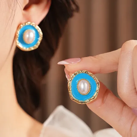 Boucles D Oreilles Vintage Émail Künstliche Perle Imitation Avec Tige En Argent Bijoux Alliage Doré Martelée Pour Femme
