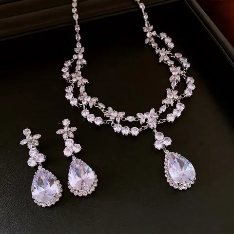 Parure Collier Et Boucles D'oreilles Goutte D'eau Zircon Style Palais Français Bijoux En Cuivre Pour Femmes Mariage