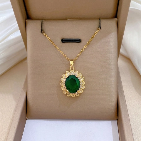 Collana Con Ciondolo In Gemma Verde Ovale Vintage Catena In Acciaio Inossidabile Rame Zircone Gioielli Di Lusso Per Donne