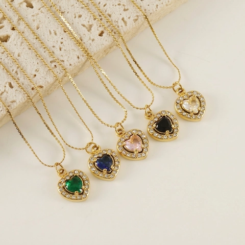 Glänzende Herz Anhänger Halskette Edelstahl 18K Vergoldet Zirkonia Bunter Funkelnder Stein Luxusschmuck Für Damen