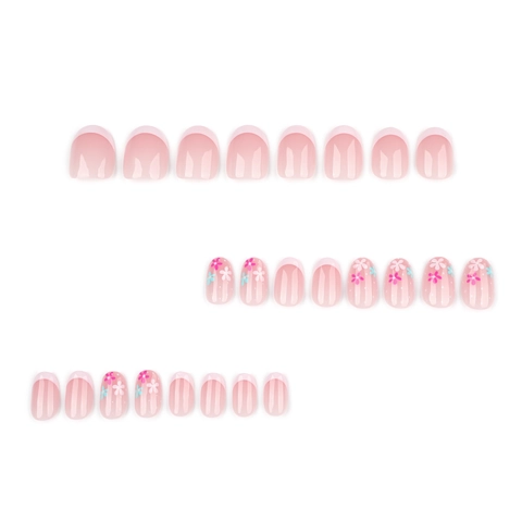 Rosa French Tip Press On Nails Kurz Rund Süßes Blumenmuster Minimalistisch ABS Full Cover Künstliche Nägel Damen