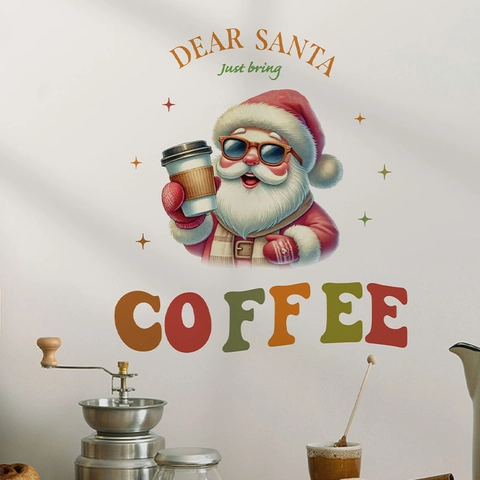Weihnachten Wandaufkleber PVC Abnehmbar Selbstklebend Cartoon Weihnachtsmann Mit Kaffee Dekoration Feiertag Haus