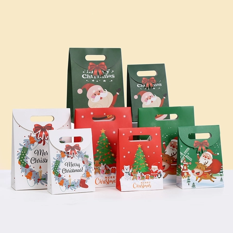 Christmas Gift Bags White Cardboard Handheld Cartoon Printed Festive Holiday Party Candy Treat Storage Portable
