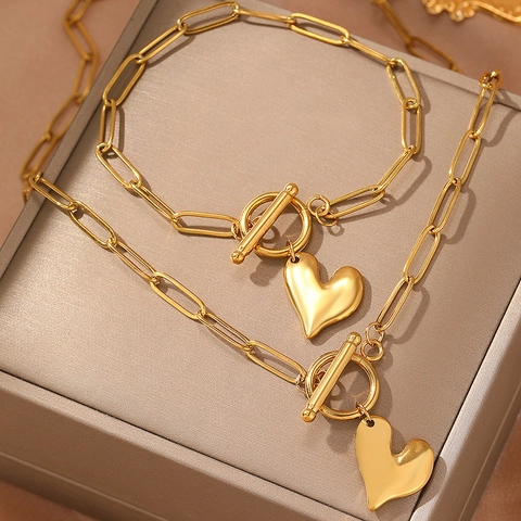 Ensemble De Bijoux Collier Et Bracelet En Acier Inoxydable Pendentif Coeur Chaîne Trombone Fermoir À Bascule Minimaliste