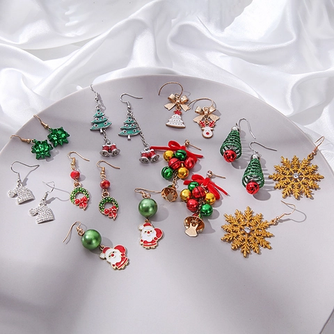 Kerstserie Legering Strass Bel Sneeuwvlok Kerstboom Hangende Oorbellen Voor Vrouwen Feestelijke Partij Sieraden Geschenk