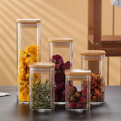 Glass Storage Jar Clear High Borosilicate With Bamboo Lid Airtight Kitchen Food Container For Grains Tea Coffee Beans