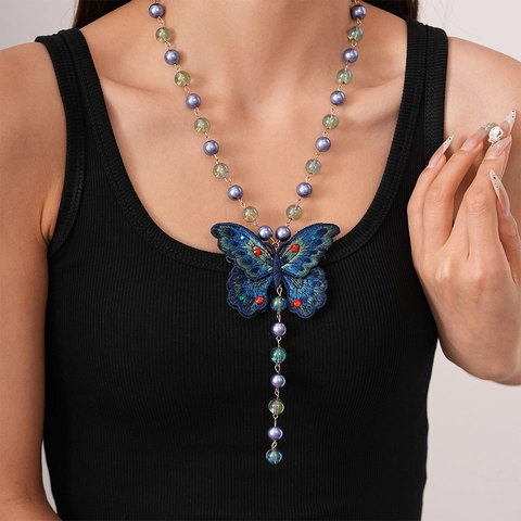 Collana Lunga Retro Con Ciondolo Farfalla Ricamata Künstliche Perle Di Vetro Künstliche Perle Di Imitazione Strass Catena Per Maglione