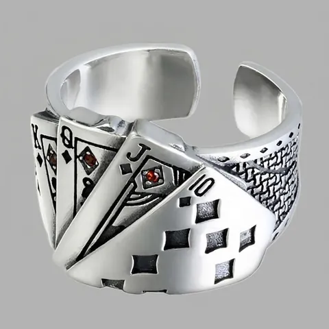 Royal Flush Poker Card Ring Zinc Alloy Rhinestone Adjustable Open Vintage Distressed Retro Hip Hop Style For Men Women