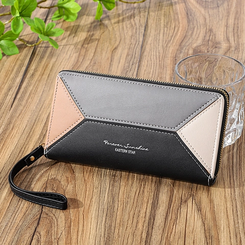 Portafoglio Lungo Donna Pelle PU Blocco Di Colore Geometrico Chiusura Lampo Con Cinturino Da Polso Pochette Moda