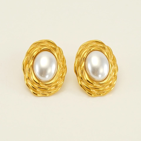Orecchini A Lobo In Stile Francese Vintage Per Donna Acciaio Inossidabile Placcato Oro 18K Trama Intrecciata Geometrica Perla Artificial Grande