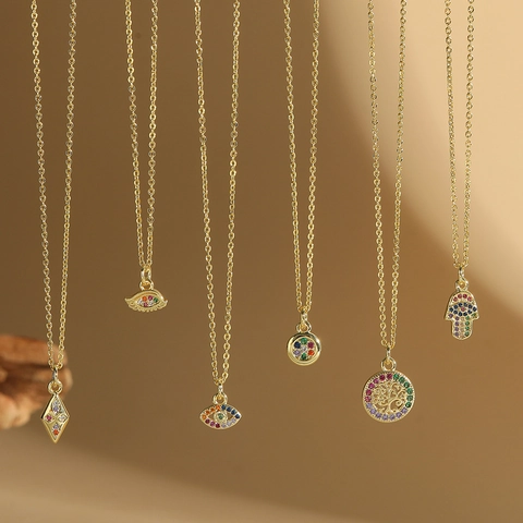 Collier Pendentif Délicat en Cuivre Zirconia Arbre de Vie Main de Hamsa Mauvais Œil pour Femme Bijoux Élégant Plaqué Or