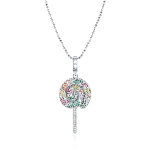 Moda Collana Con Ciondolo a Lecca-lecca Zirconia Colorata Intarsiata Rame Argentato Catena a Sfere Gioielli per Donna
