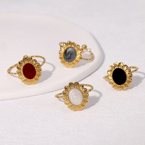 Vintage Sunflower Open Adjustable Ring Stainless Steel Gold Plated French Style Elegant Geometric Women Jewelry
