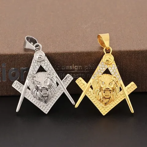 Lion Head Pendant Necklace Stainless Steel Rhinestone Masonic Square And Compass Hip Hop Jewelry For Men Bold Style
