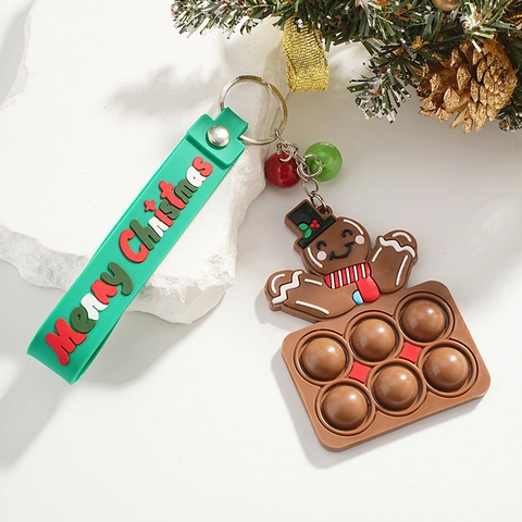 Christmas Gingerbread Man Silicone Pop It Keychain Metal Ring Stress Relief Toy Merry Christmas Green Strap Brown Pendant