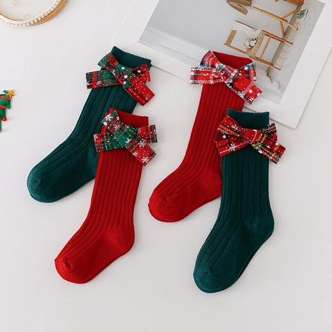 Chaussettes De Noël Pour Enfants En Coton Tricot Côtes Mi-Mollet Avec Noeud Écossais Motif Flocon De Neige Pour Bébé