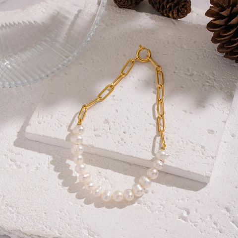 Elegante Bracciale Con Perle D'acqua Dolce Catena A Graffetta Acciaio Inossidabile Placcato Oro 18K Gioielli Da Donna