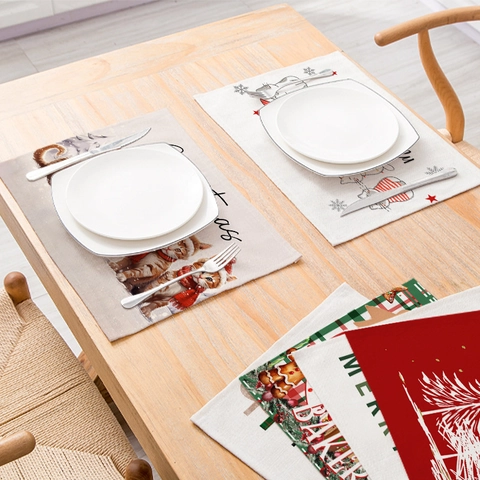 Christmas Placemat Cotton Linen Polyester Waterproof Heat Insulated Dining Table Decoration Holiday Festive Mat