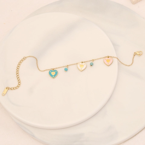 Modisches Damen Edelstahl Bettelarmband Vergoldet Emaille Tieranhänger Türkis Perlen Schmuck Boho Stil