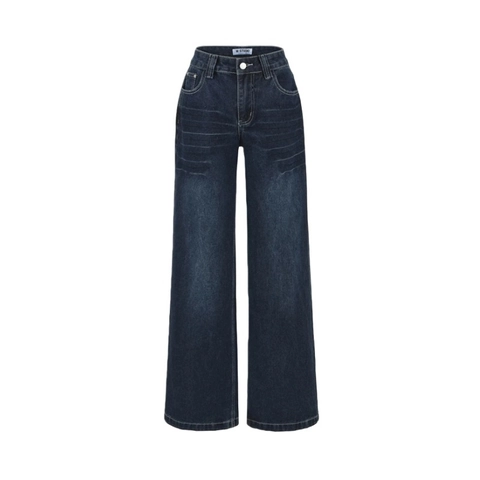 Jeans A Gamba Larga Vita Alta Donna Blu Scuro Denim Cotone Pantaloni A Palloncino Vintage Casual Comodi