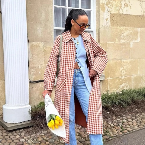 Women Long Trench Coat Plaid Check Pattern Lapel Single Breasted Vintage Loose Casual Polyester Outerwear Elegant Overcoat