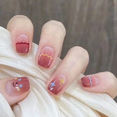 Press On Nails Glossy Gradient Pink Red Cartoon Eyes Stars Sweet Cute DIY Manicure Artificial False Nails Women