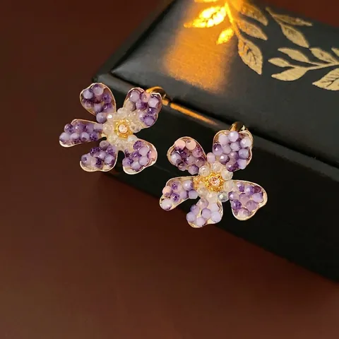 Orecchini A Bottone Fiore Vintage Lega Cristallo Perline Con Perno In Argento Sterling 925 Viola Stile Retrò Donna