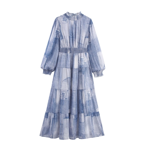 Maxikleid Damen Chiffon Stehkragen Langarm Smok Taille Patchwork Druck Tie Dye Elegant Urlaub Fließendes Maxikleid