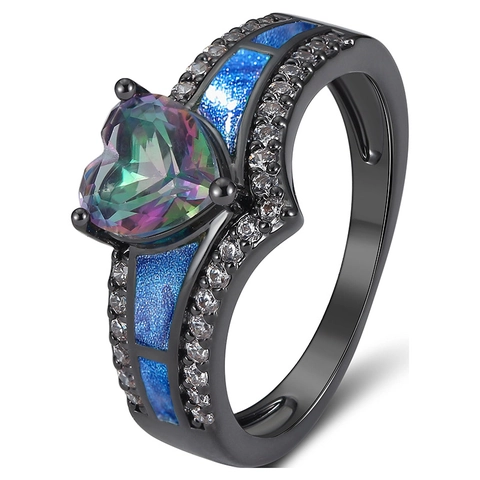 Heart Ring Copper Rainbow Mystic Topaz Black Gold Plated Blue Enamel Zircon Gothic Vintage Jewelry For Women