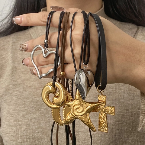 Collana Con Ciondolo A Cuore Stella Marina Conchiglia Vortice In Acciaio Inossidabile Vintage Con Cordino In Pelle Gioielli Boho Per Donna