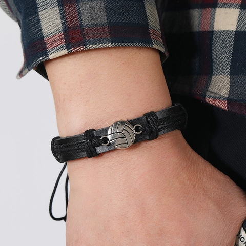 Basketball Anhänger Geflochtenes PU Lederarmband Handgewebt Verstellbar Hanfseil Punk Sportlicher Schmuck Für Fans Herren Damen