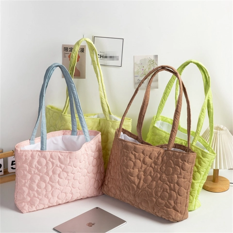 Women Casual Large Capacity Tote Bag Autumn Winter Fashion Quilted Floral Shoulder Shopping Bag