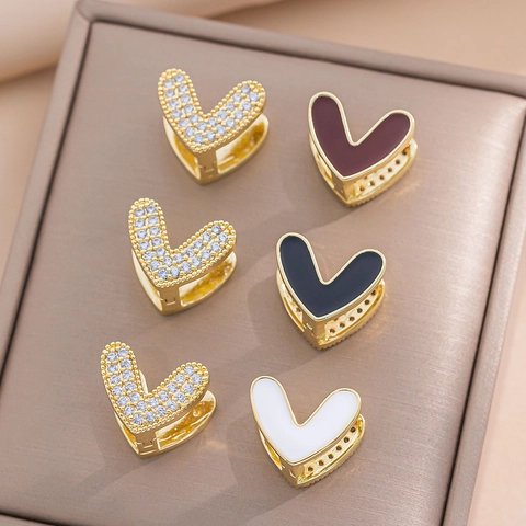 Boucles Oreilles Huggie Coeur Cuivre Avec Zircon Et Email Double Face Bijoux Mode Exquis Pour Femmes
