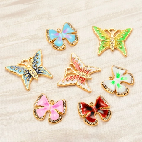 Stainless Steel Butterfly Charms Colorful Enamel Pendants With Rhinestones For DIY Jewelry Making Necklaces Earrings