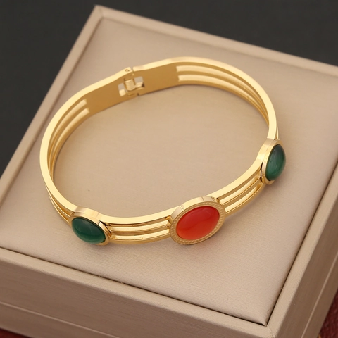 Retro Stainless Steel Bangle Bracelet For Women Gold Plated Hollow Out Colorful Cat Eye Stone Enamel Stacking Jewelry