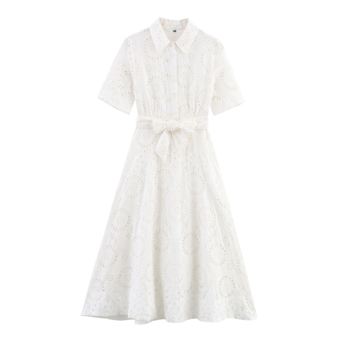 Witte Maxi Jurk Met Broderie Anglaise Korte Mouwen Overhemdkraag Tailleband Elegant Katoenmix Voor Dames
