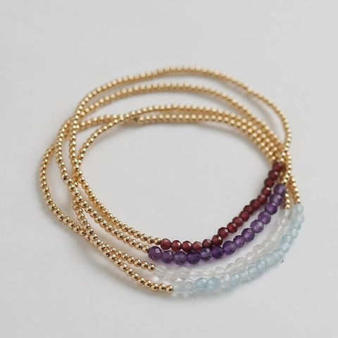 Natural Gemstone Beaded Bracelet With Gold Plated Brass Beads Dainty Elastic Layering Jewelry Gift For Women