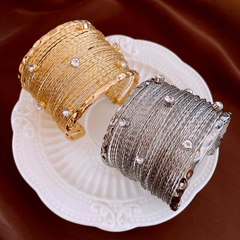 Statement Multi-layer Wired Cuff Bracelet Alloy Rhinestone Inlaid Adjustable Open Bangle Fashion Arm Ring For Women