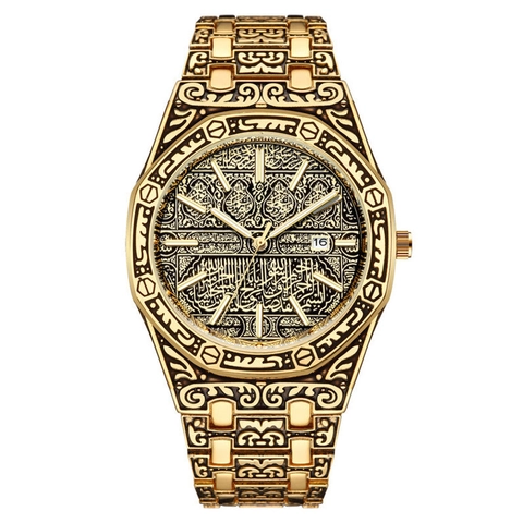 Men Luxury Octagonal Quartz Watch Carved Arabic Calligraphy Pattern Luminous Date Display Metal Strap Business Wristwatch