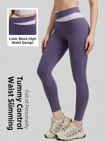 Pantalon de Yoga Taille Haute pour Femmes Color Block Leggings Remonte-Fesses Haute Élasticité Fitness Course Bas Sport