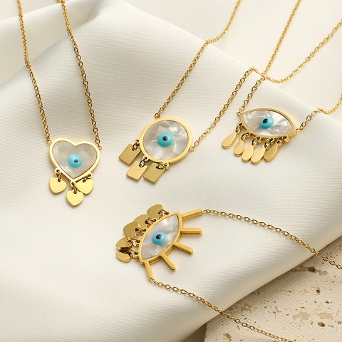Evil Eye Pendant Necklace Stainless Steel With Mother Of Artificial Pearl Shell Tassel Charm For Women Dainty Jewelry
