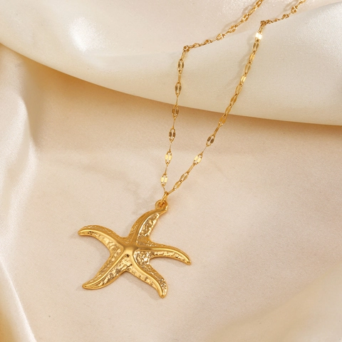 Starfisch Anhänger Halskette Edelstahl Hammerschlag Textur Gold Vakuum Beschichtung Strand Urlaub Sommer Schmuck Damen
