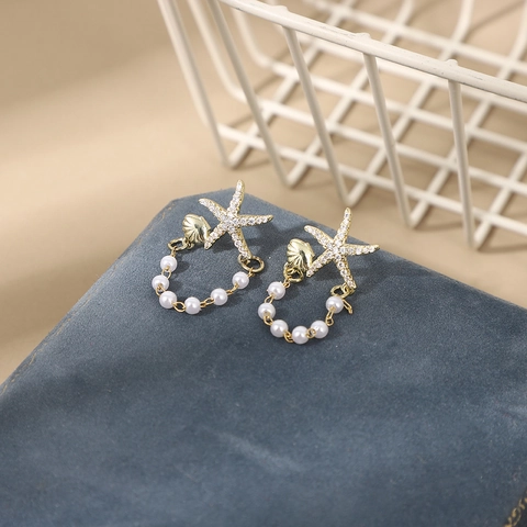 Starfish Shell Artificial Pearl Earrings Alloy Rhinestone Nautical Beach Vacation Jewelry Bohemian Elegant Accessories For Women