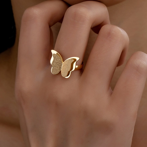 Mattierte Spiegeloberfläche Doppelschichtiges Schmetterling Verstellbarer Offener Ring Eleganter Modeschmuck Damen Gold Eisenlegierung Ring